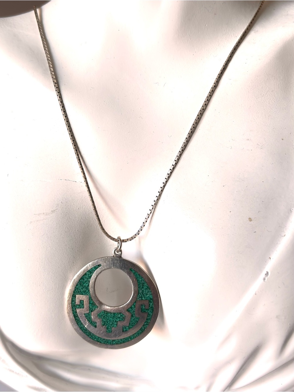 Taxco Mexico Malachite Mosaic Inlay 925 Silver Aztec Pendant (no chain)